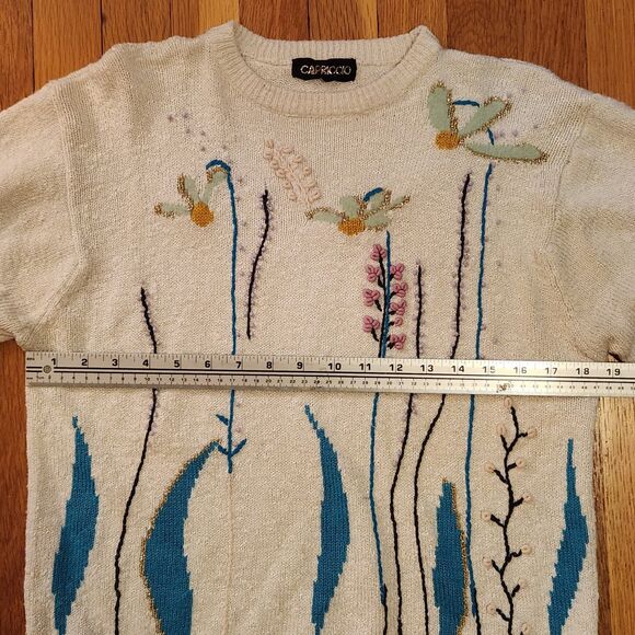 Vintage Capriccio Floral Embroidered Grandma Sweater Cream Boho Cottagecore Sz M - Picture 8 of 10